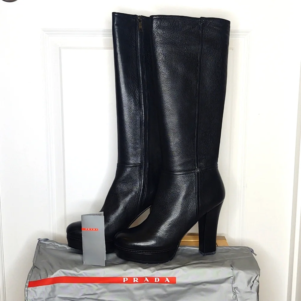 🖤♥️PRADA♥️🖤Lug Sole High Heel Black Deerskin Boot, size 41 (US 11), 🆕 - Picture 2 of 16